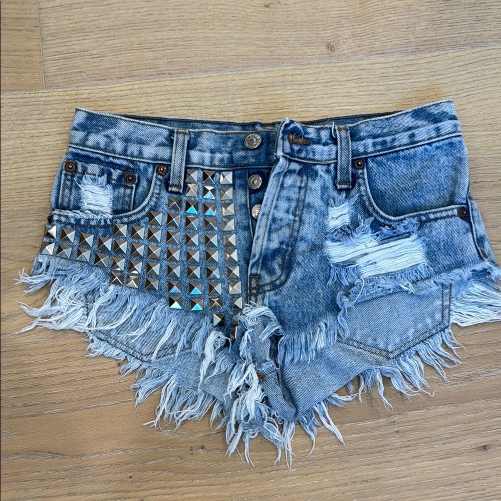 Studded Denim Distressed Women Shorts